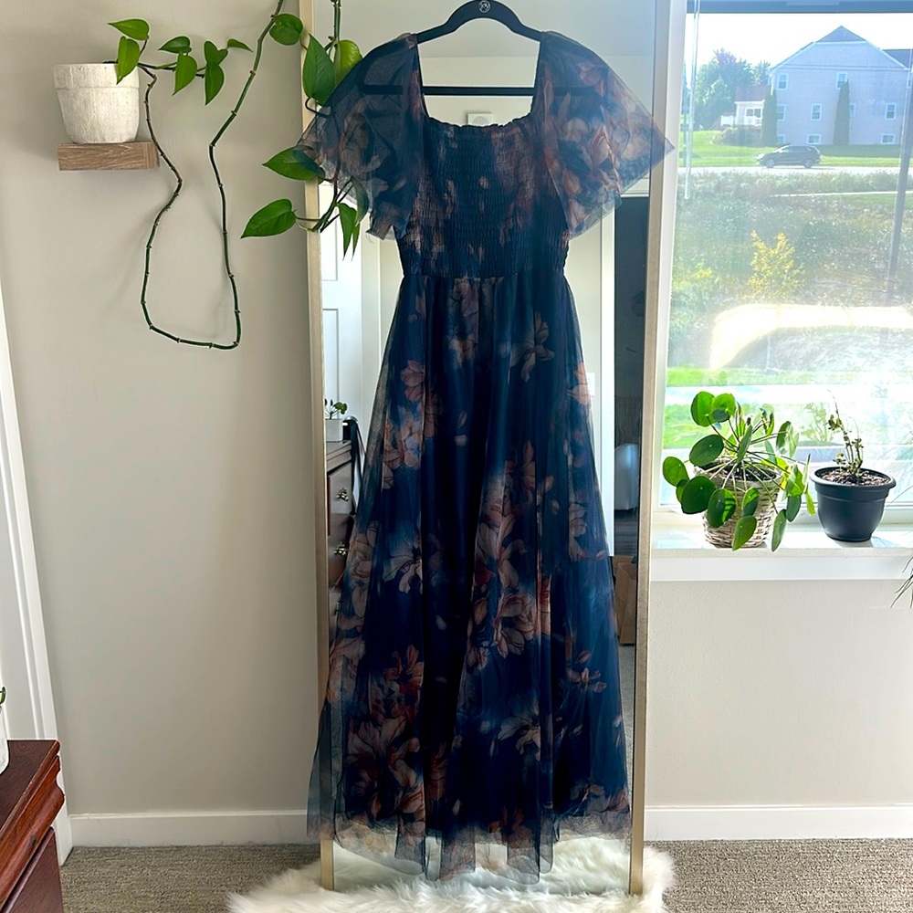 Never worn Baltic Born maxi dress with sheer navy floral overlay smocked bodice